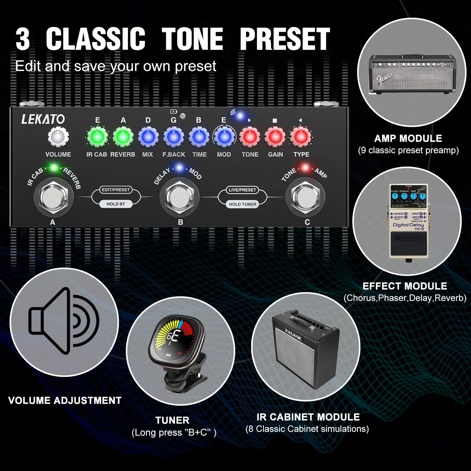 Multieffektgerät Gitarre, LEKATO Effektgerät Gitarre mit IR-Loading 9 Verstärkermodelle, Delay/Reverb/Phase/Chorus/Distortion/Overdrive, Multieffektpedal Guitar Pedal mit Aufnahme und Bluetooth 5.0
