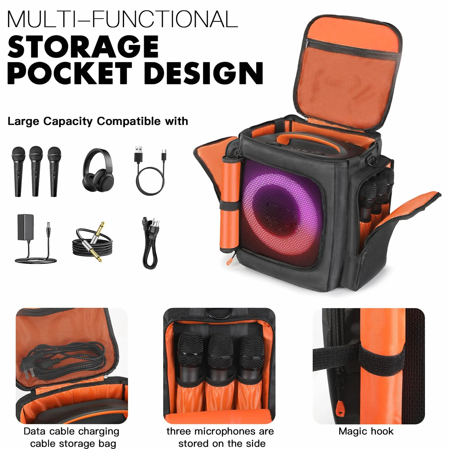 Lautsprecher-Tragetasche, kompatibel mit JBL Partybox Encore Essential/Essential 2, tragbare Lautsprecher-Reisetasche, Aufbewahrungstasche mit Taschen für Ladegerät, Mikrofon-Zubehör