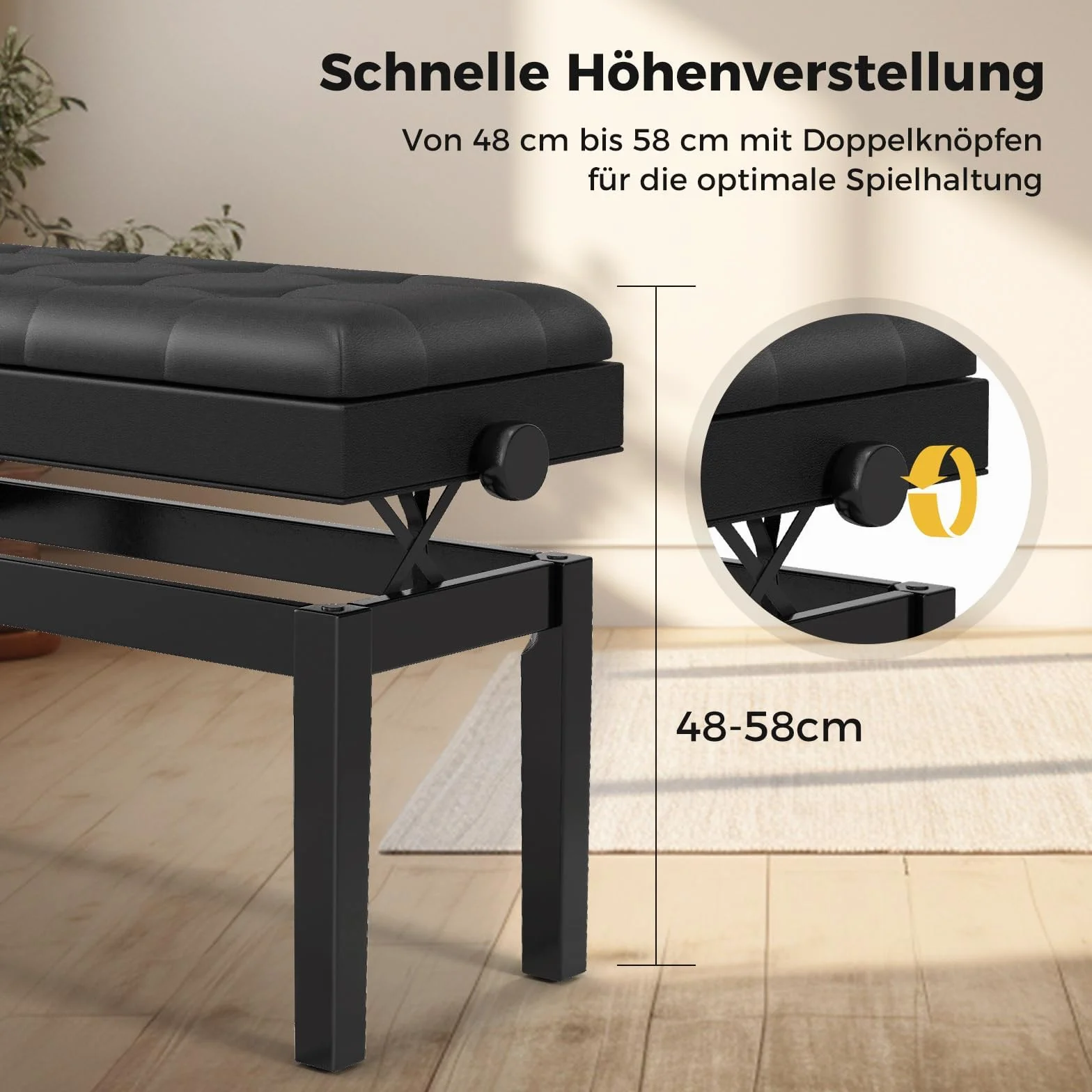 COSTWAY Klavierhocker höhenverstellbar, Klavierbank mit Stauraum, Pianobank für 2 Personen bis 200kg belastbar, Piano-Sitzbank mit gepolstertem Kissen, Schwarz