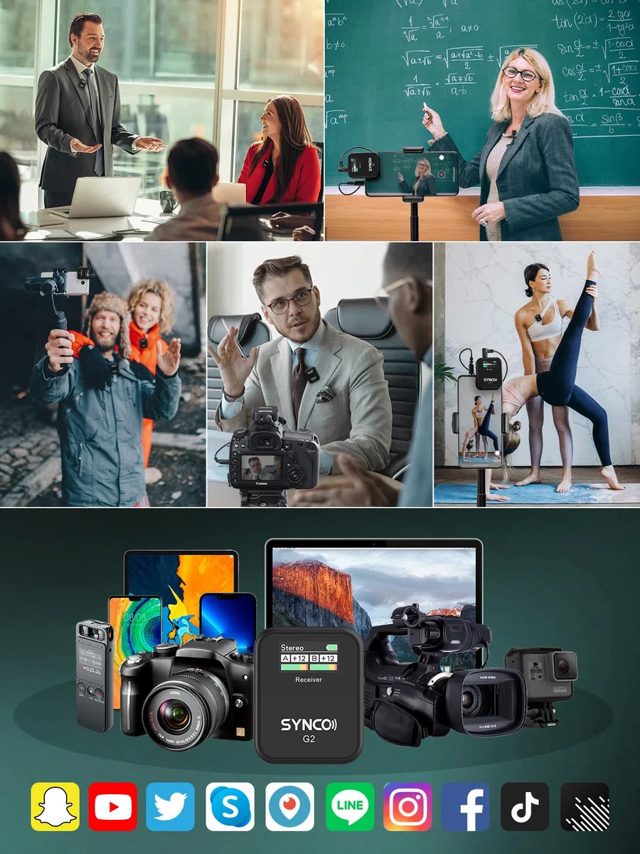 SYNCO Wireless Lavalier-Mikrofon, G2(A2) 2.4G Dual Transmitter 48KHz 24Bit Kabelloses Ansteckmikrofon 200m 8H für Online-Kurse Vlogs Streaming für Kamera Smartphone Tablet