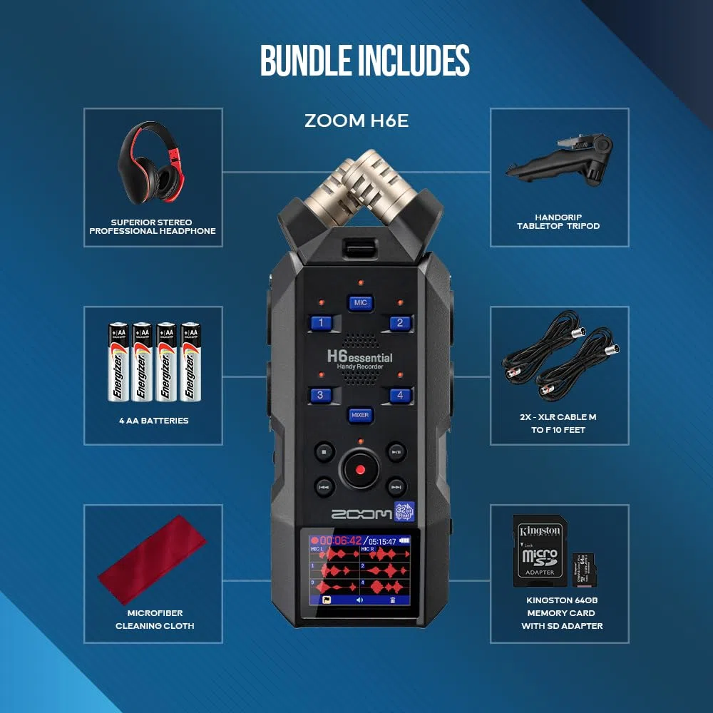 Zoom H6essential Tragbarer Studio-Recorder, H6E 32-Bit Float, 6-Spur-Recorder, 4XLR/TRS mit 64GB SD, Stativ, Kopfhörer mit Mikrofon, Batterien und mehr für Musiker, Podcaster, Filmemacher