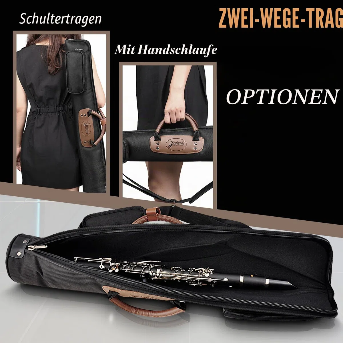 Flexzion-Sopransaxophon-Etui Sopransaxophon, Saxophon-Gig Rucksack Riemen, Tasche, Ledergriff, Aufbewahrung Musikinstrumente, leicht, Wasser & stoßfest für Windregler, Steigeisenklarinette, schwarz