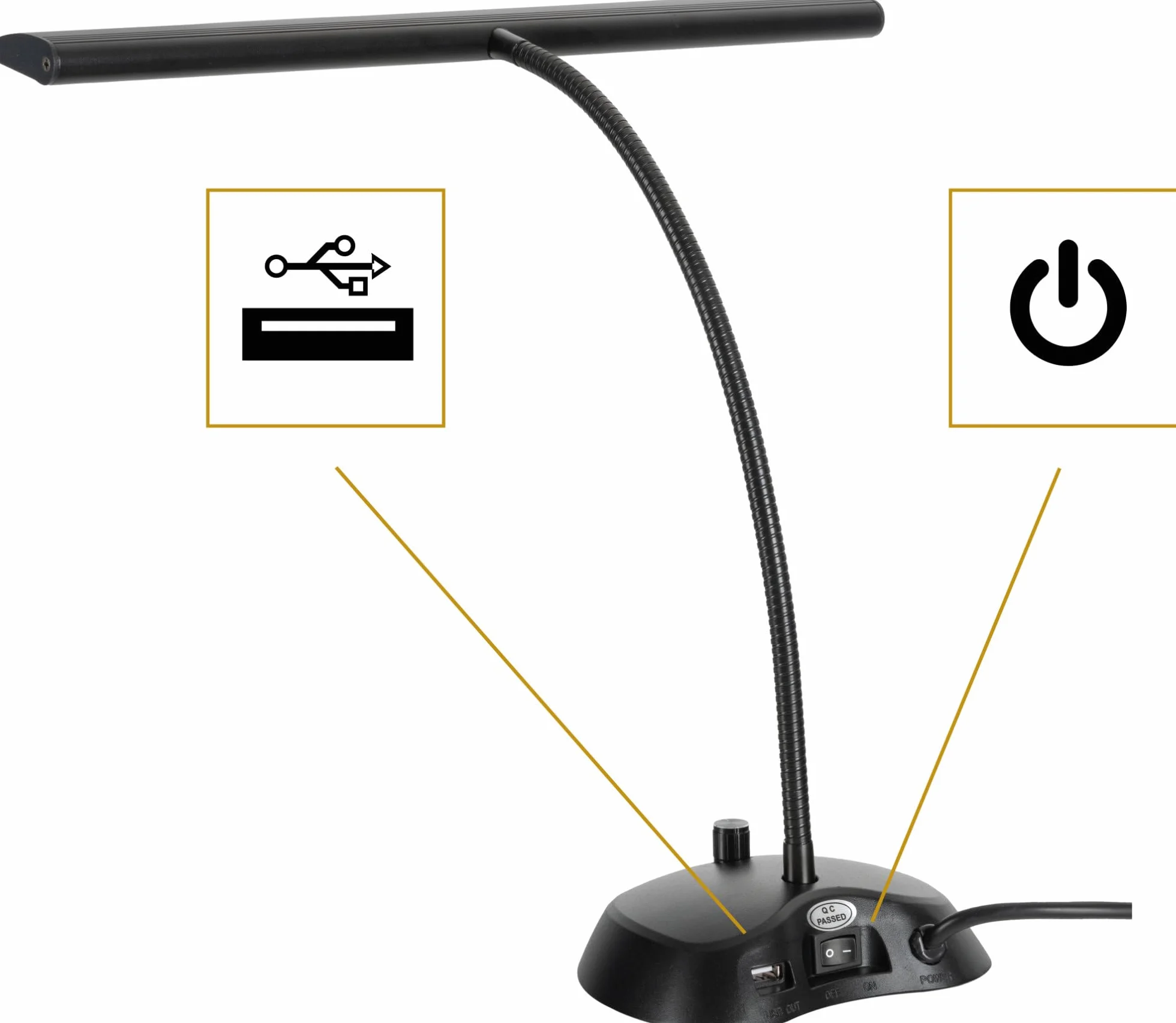 Classic Cantabile 12220 Dimmbare Pianoleuchte Weiß - 36 helle LEDs - 38 cm langer Schwanenhals - Integrierter USB-Ladeanschluss für Smartphone oder Tablet - Schwarz