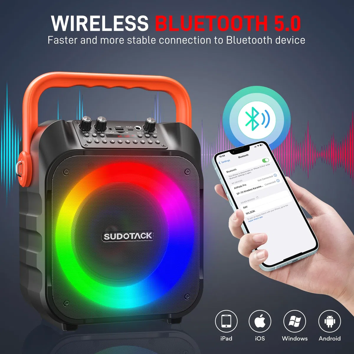 SUDOTACK Tragbare Karaoke Maschine mit 2 kabellose Mikrofone, Bluetooth Lautsprecher Box für Erwachsene/Kinder mit Lichteffekte, Unterstützt TF/USB, AUX in, FM, REC, TWS für Karaoke, Party, Geburtstag