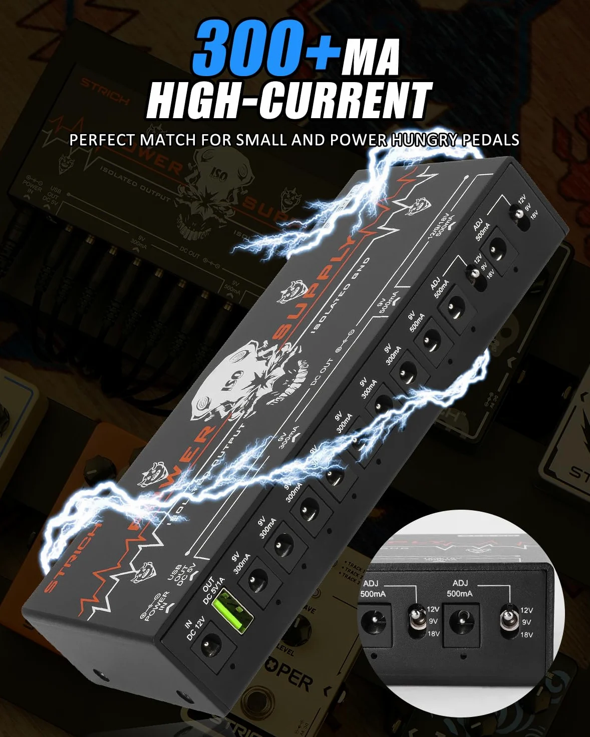 STRICH SPS-60 Netzteil für Gitarrenpedale, 10 vollständig unabhängige DC-Ausgänge, Netzteil für Pedalboard mit 9V/12V/18V (300mA/500mA), Hochleistungsversorgung für Gitarrenpedale, rückwirkungsfrei
