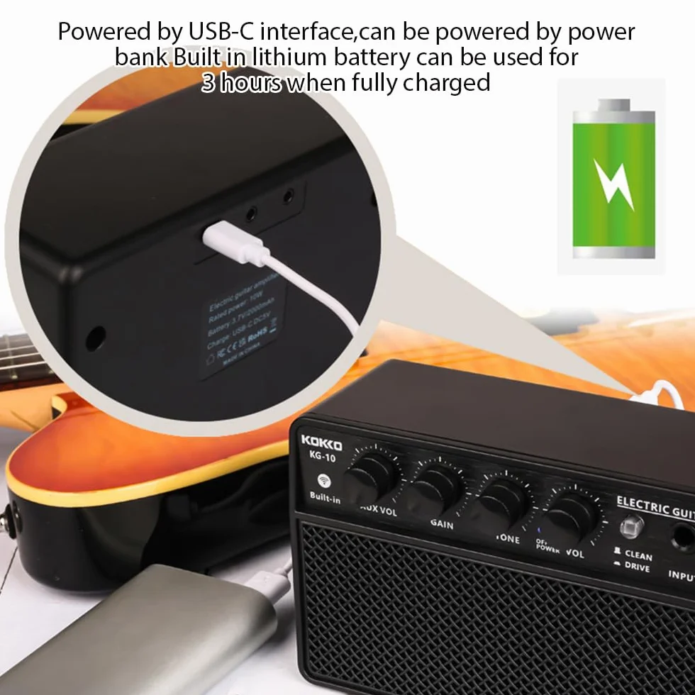 Mini-Gitarrenverstärker 10 Watt Batterieverstärker tragbarer wiederaufladbarer Gitarre Amp Gitarren-Übungsverstärker, Schwarz, Plug-and-Play für das Tägliche Üben