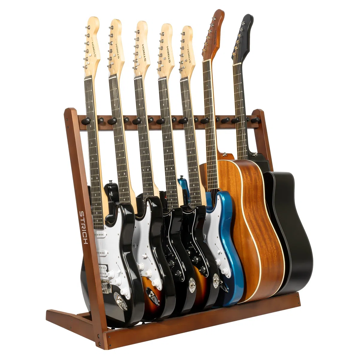 STRICH Gitarrenständer aus Holz – Mehrfachständer für 5 Akustik- oder 8 E-Gitarren & Bässe, Stabiles Gitarren-Rack für Studio & Zuhause, Schonende Polsterung, SMT-10 (8er-Halter)