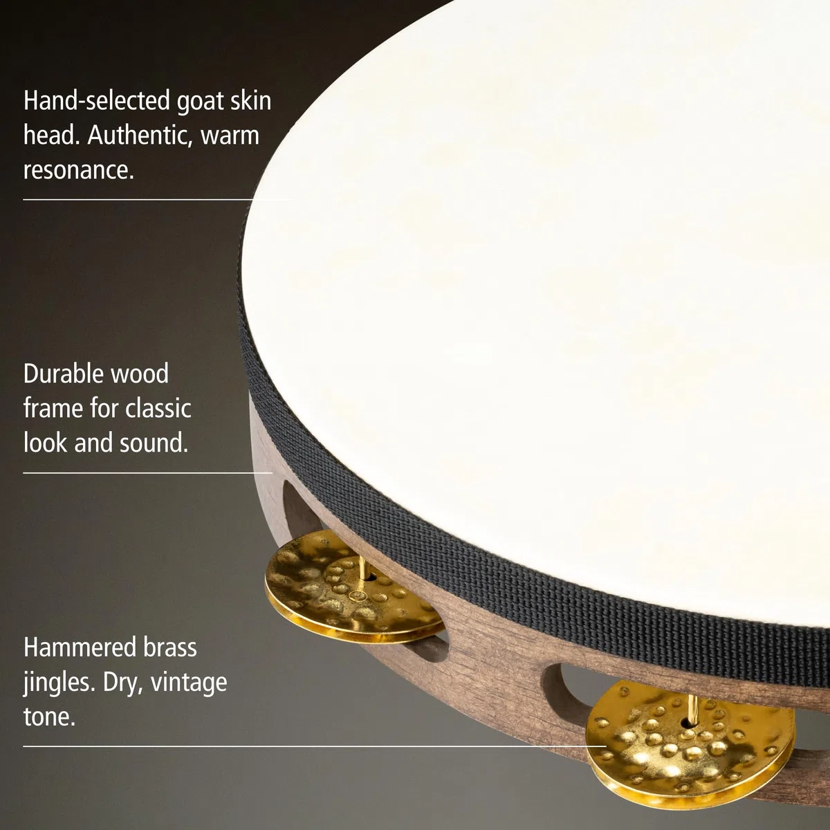 Meinl Percussion Vintage Headed Tambourine - 1-reihiges Tamburin - Durchmesser 10 Zoll - Siam Eiche / Messing, Walnut Brown / Natur (TAH1V-WB)