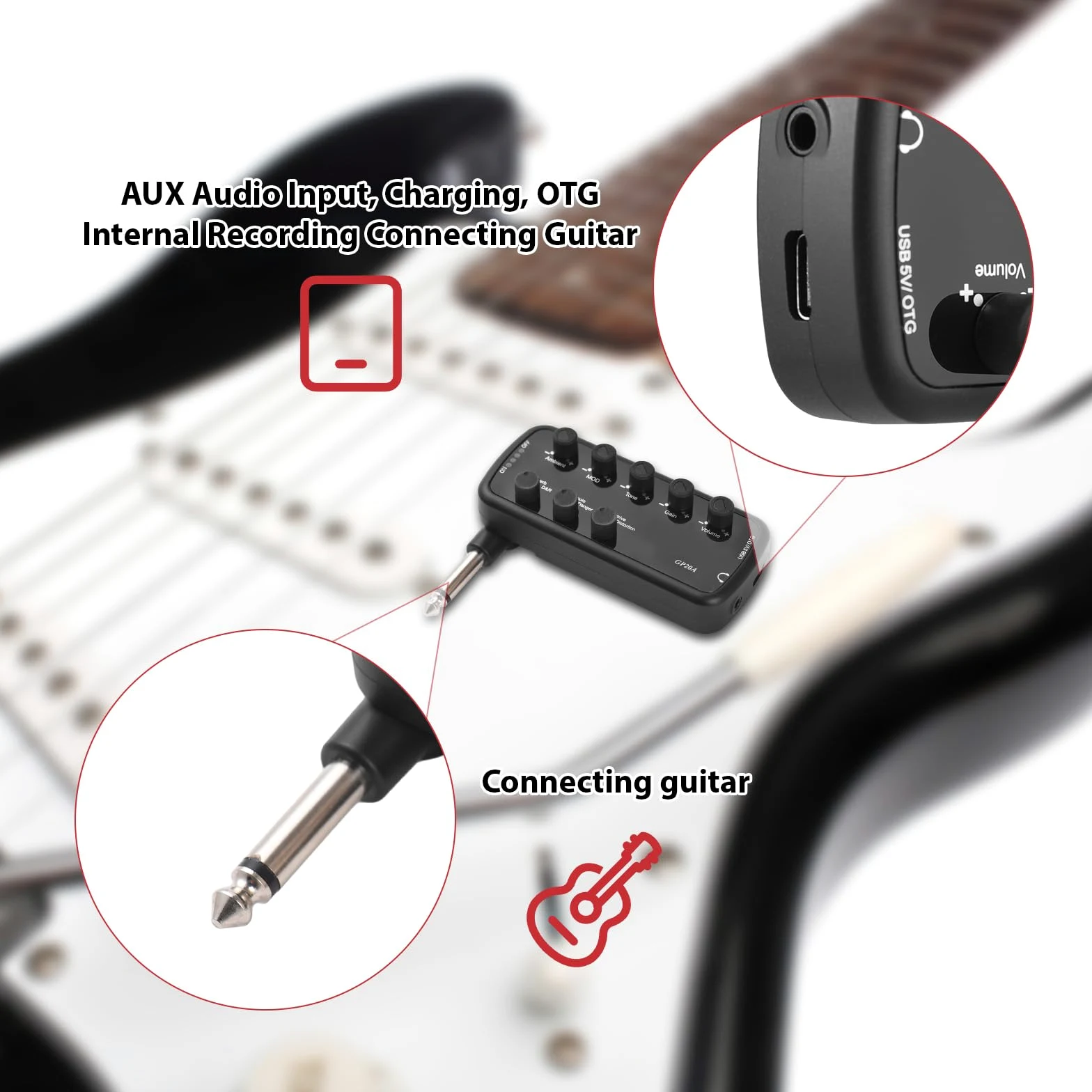Kopfhörer -Bassverstärker mit 3 Lautsprechersimulationen Plug & Play für Elektro -Bass -Musikinstrumentengitarren -Amp -Mini -Verstärker Tragbar 3 in Modulationstönen und (Gitarre)