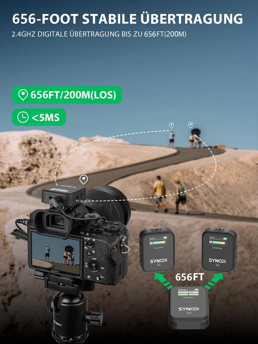 SYNCO Wireless Lavalier-Mikrofon, G2(A2) 2.4G Dual Transmitter 48KHz 24Bit Kabelloses Ansteckmikrofon 200m 8H für Online-Kurse Vlogs Streaming für Kamera Smartphone Tablet
