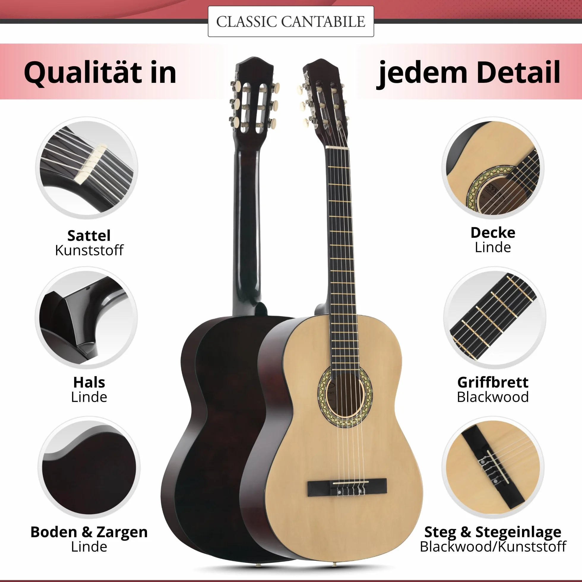 Classic Cantabile AS-851 Linkshänder Konzertgitarre 4/4 Starter Set (6 Saiten, Lindenholz, Griffbrett: Blackwood, Zubehörset inkl. Tasche, Schule, Stimmpfeife, Nylonsaiten) natur