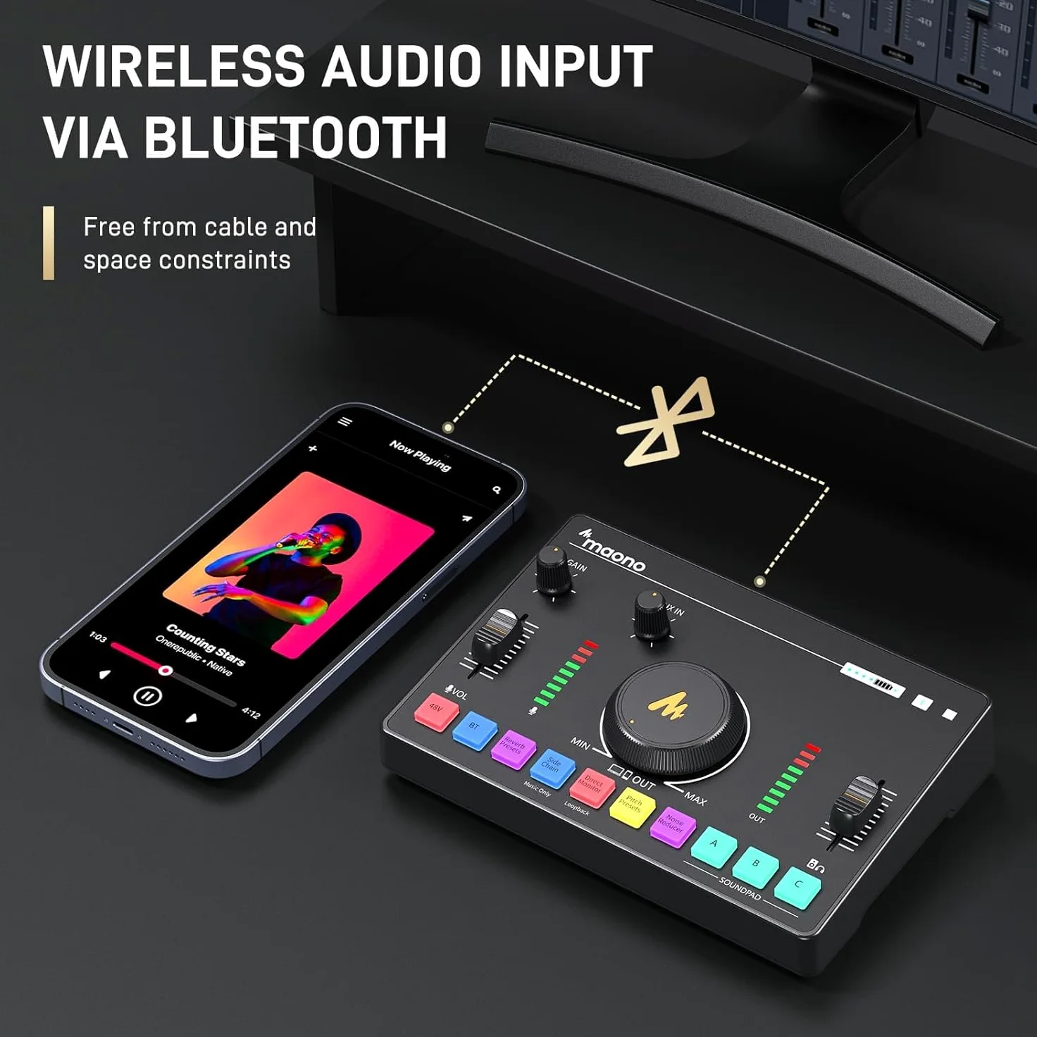 MAONO Streaming-Audio-Mixer, Audio-Interface mit Pro-Preamp, Bluetooth, eingebauter Akku, 48 V Phantomspeisung für Live-Streaming, Podcasting, Gaming MaonoCaster AMC2 NEO (mattschwarz)