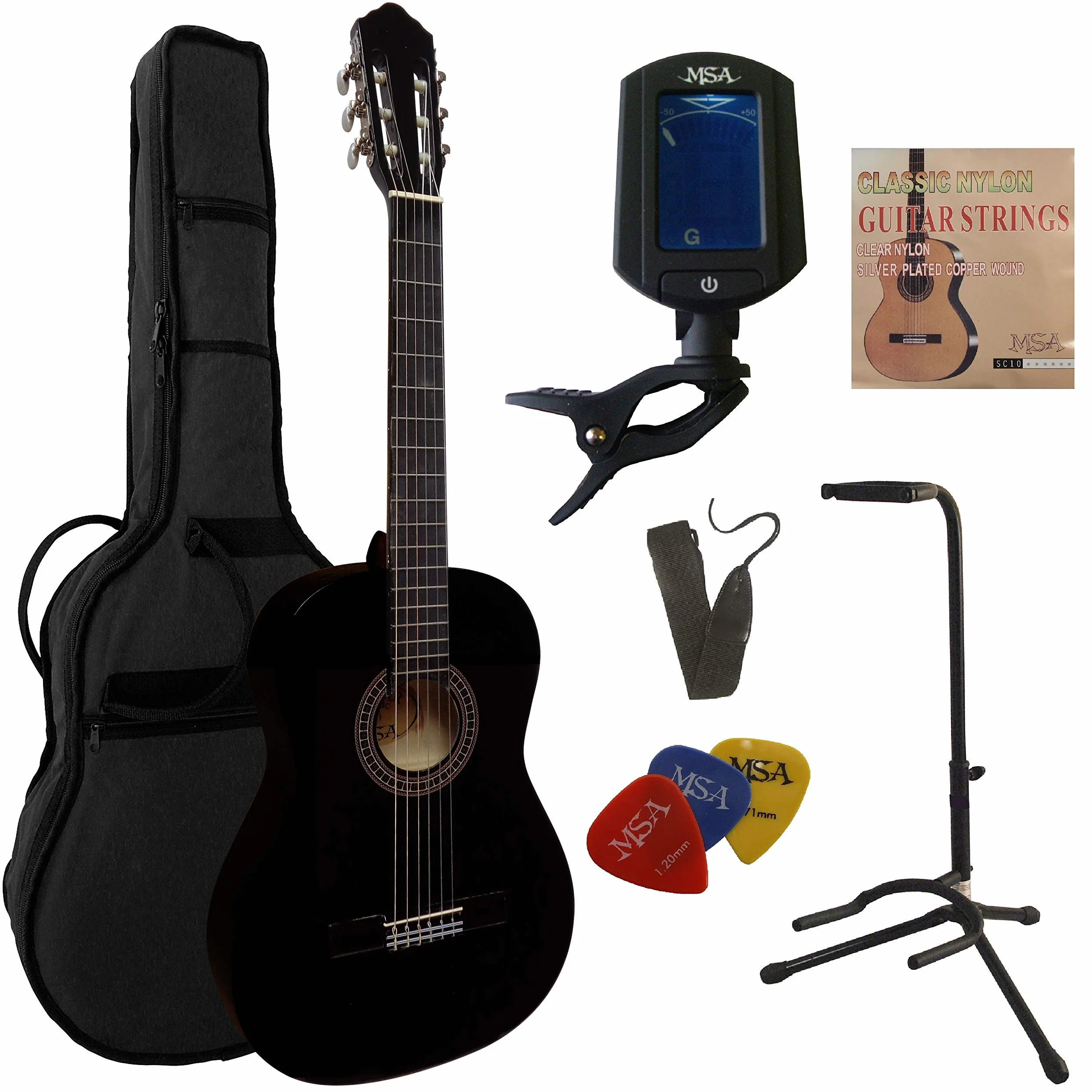 MSA 4/4 Gitarre für Anfänger, Gitarrenset mit Tasche Stimmgerät und Gitarrenständer STARTERSET schwarz